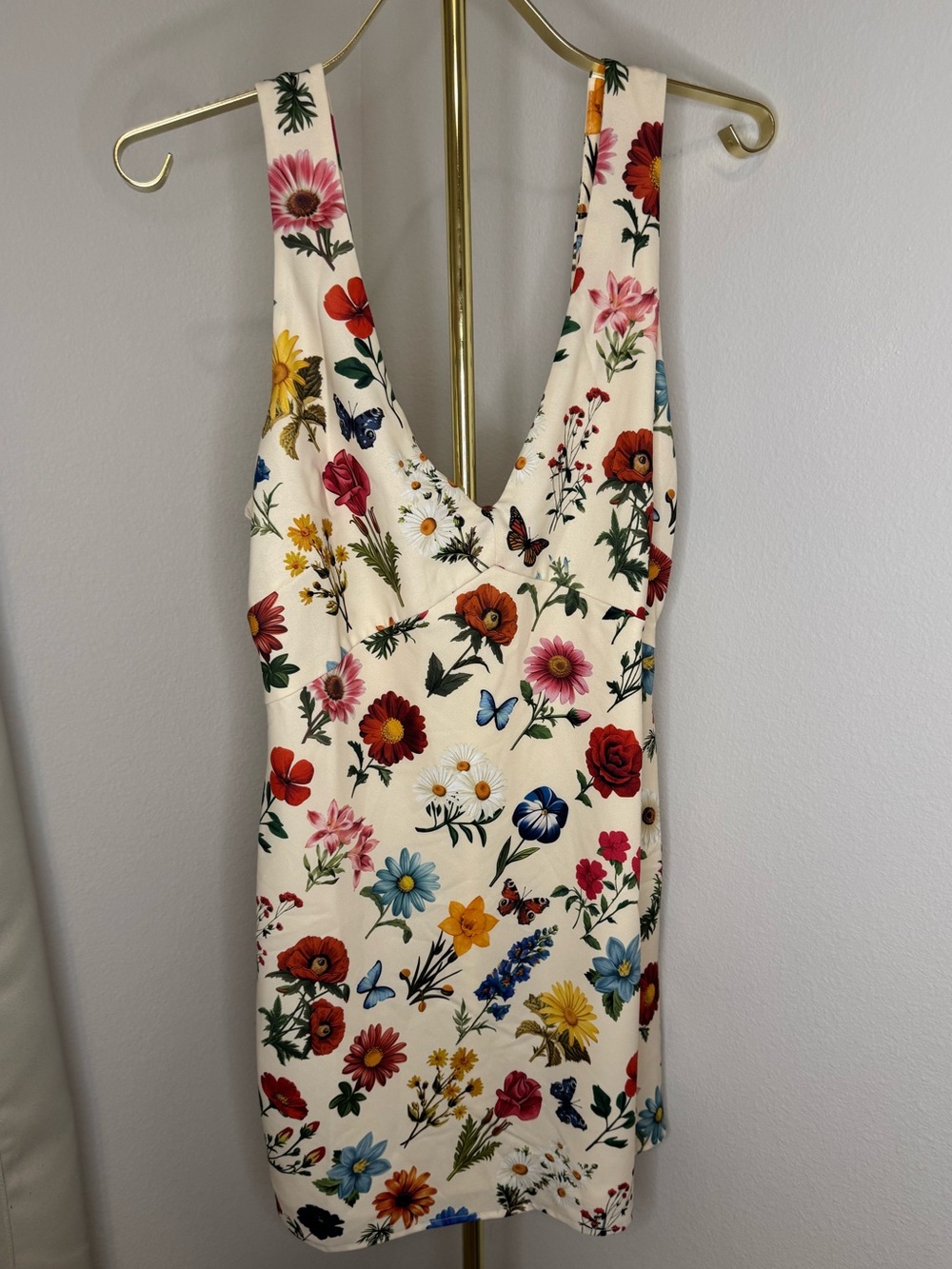 NWT Show Me Your Mumu V-Neck Dress in Cream w/ Flower & Butterfly Detail - Sz L